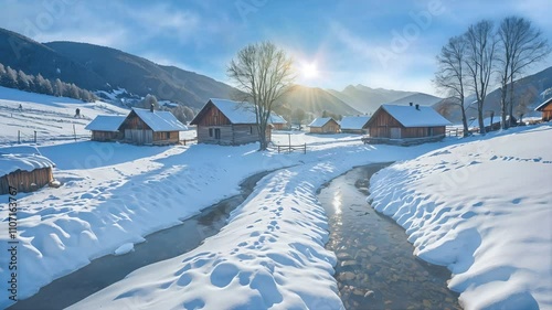 Peaceful mountain village with wooden houses and a frozen river under bright winter sunlight. Winter landscape concept.Seamless looping video background  photo