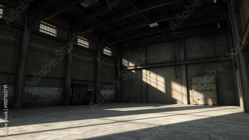 A dark industrial warehouse with minimal lighting, showcasing shadows and a gritty, atmospheric vibe