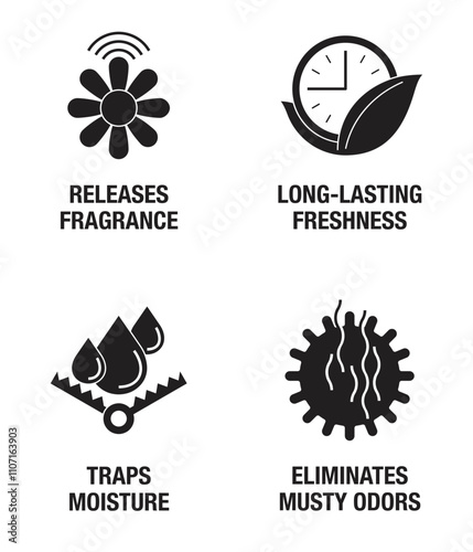 Absorber monochrome icons - Traps moisture, Eliminates odors, Releases fragrance, Long-lasting