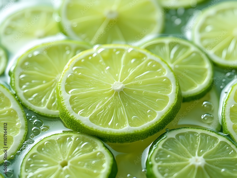 Fresh green small lemon slices in the clean water and small water bubbles around it. Fresh green small lemon slices in the clean water and small water bubbles around it.