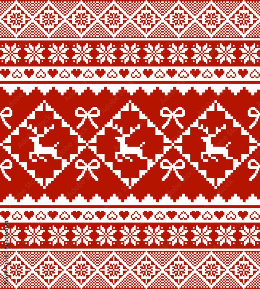 Christmas and New Year seamless pattern. hearts and snowflakes. red pixel pattern for winter Christmas and New Year seamless pattern. hearts and snowflakes. red pixel pattern for winter