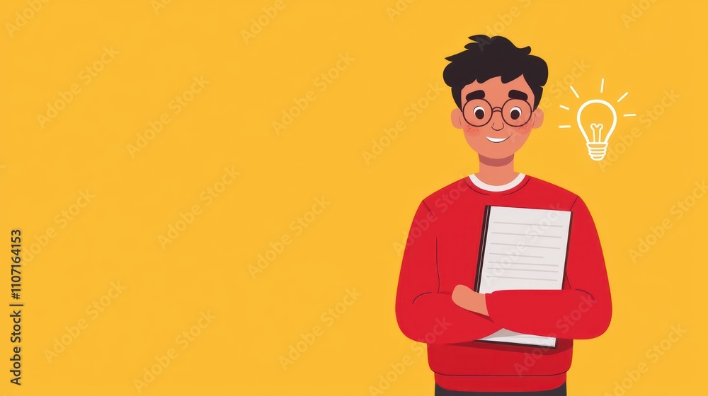 A cheerful young man holds a notebook, standing against a bright yellow background with a lightbulb representing ideas or creativity. A cheerful young man holds a notebook, standing against a bright yellow background with a lightbulb representing ideas or creativity.