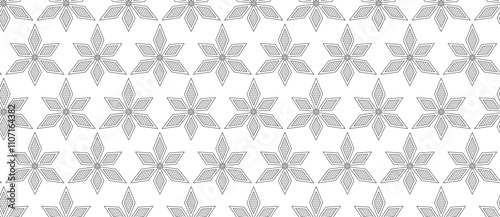 Black and white background of repeating linear flowers with rhomboidal petals. Abstract endless texture with geometric floral ornament. Vector seamless pattern for wrapping paper and surface texture