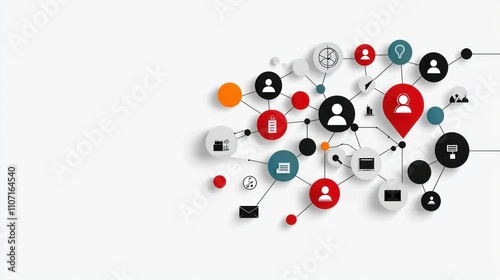 A colorful network of icons representing social connections, communication, and technology, featuring user profiles and devices.
