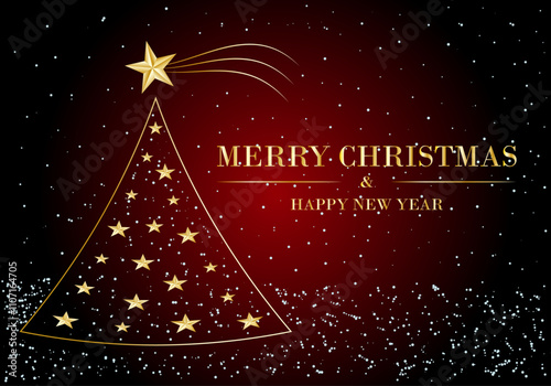 Felicitación navideña con árbol de Navidad y texto en dorado sobre fondo degradado rojo. Xmas. Postal navideña