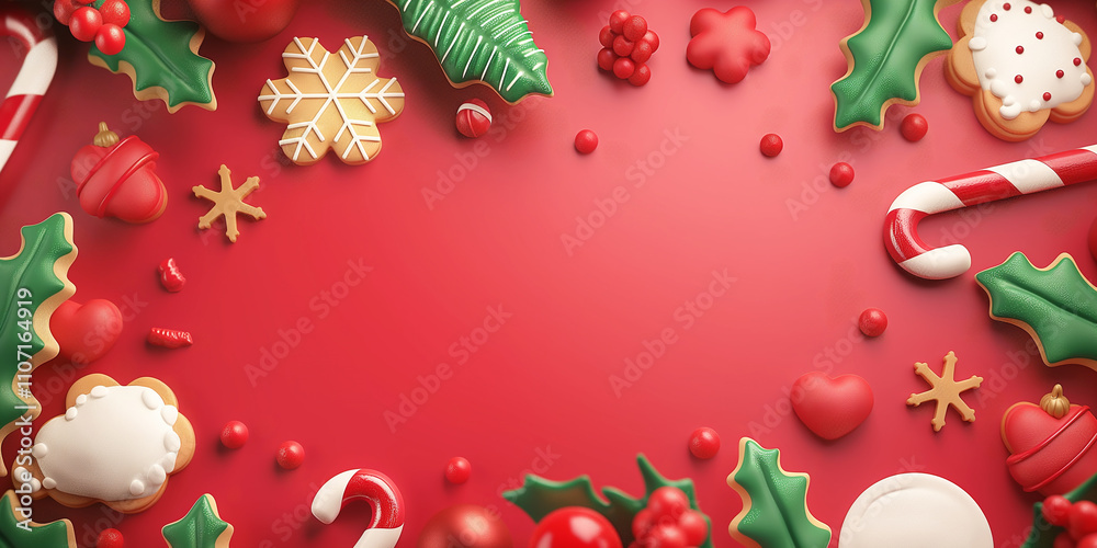 Festive background with mistletoe and cookies in pink, red
Festive background with mistletoe and cookies in pink, red
