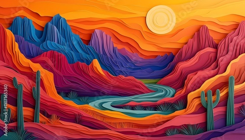 A vibrant multicolored paper cut illustration of a desert landscape