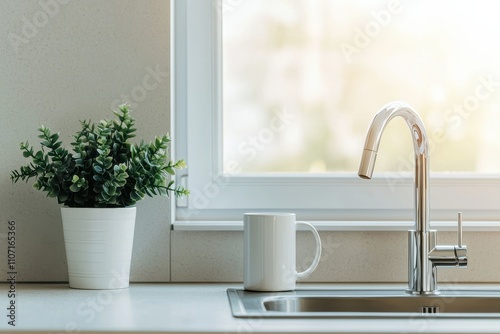 Modern Kitchen Sink Plant Mug Sunlight Clean Design