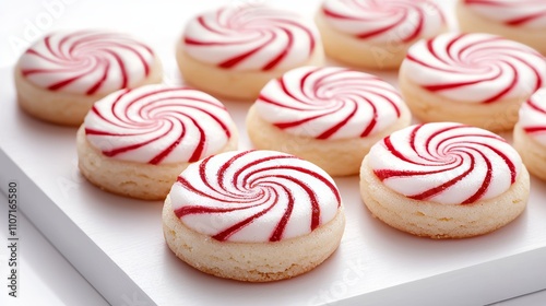 Peppermint swirl cookies with candy cane-inspired red and white spirals, creatively styled for a kid-friendly Christmas treat with playful details
