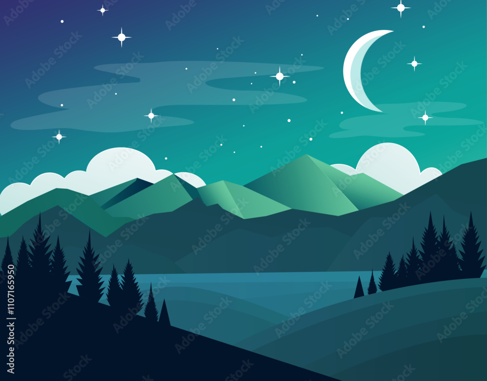 Obraz premium Blue Night Sky with Crescent Moon and Mountains