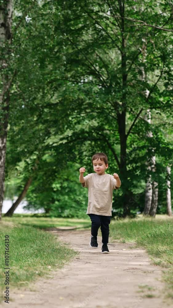 Little Caucasian toddler is on a walk in the park. Cute kid runs by the trail approaching a camera. Low angle view. Vertical video. Little Caucasian toddler is on a walk in the park. Cute kid runs by the trail approaching a camera. Low angle view. Vertical video.