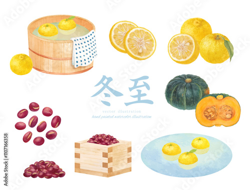 水彩で描いた冬至のイメージのベクターイラスト