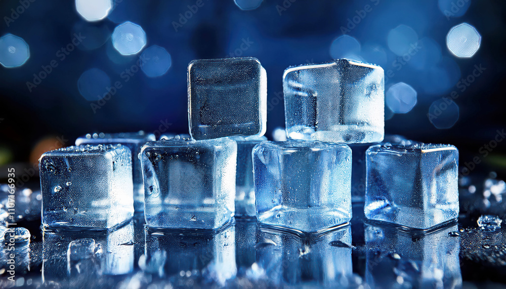 Frozen cubes on reflective surface with blue bokeh background Frozen cubes on reflective surface with blue bokeh background