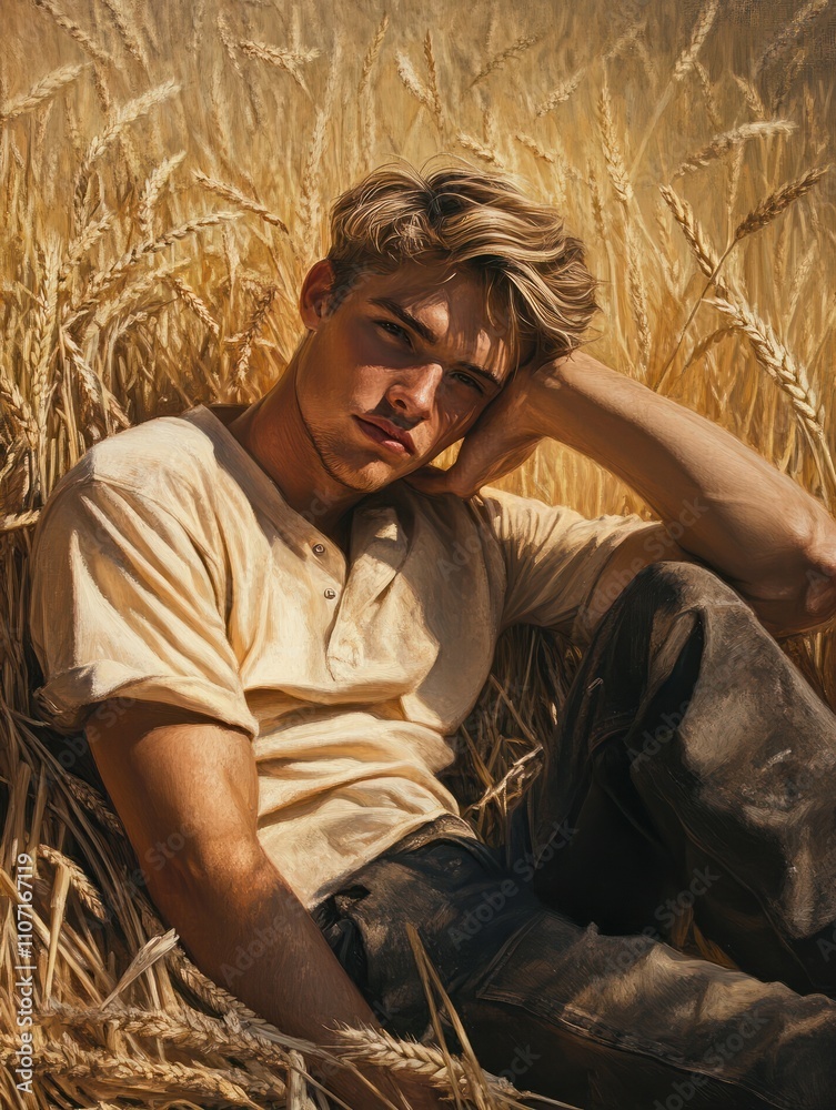 Naklejka premium young man rest on wheat field