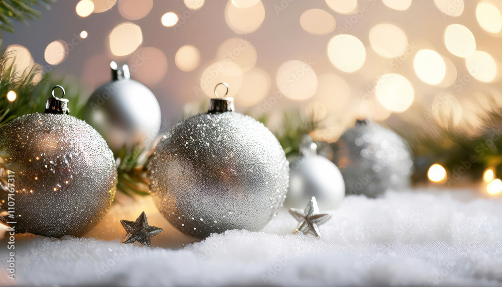 Sparkling silver christmas ornaments on snowy background with warm lights