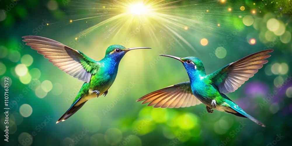 Obraz premium Surreal Scene of Two Bluegreen Hummingbirds in Flight Against a Vibrant Green Background on a Clear Day Captured in Stunning Detail and Color Harmony