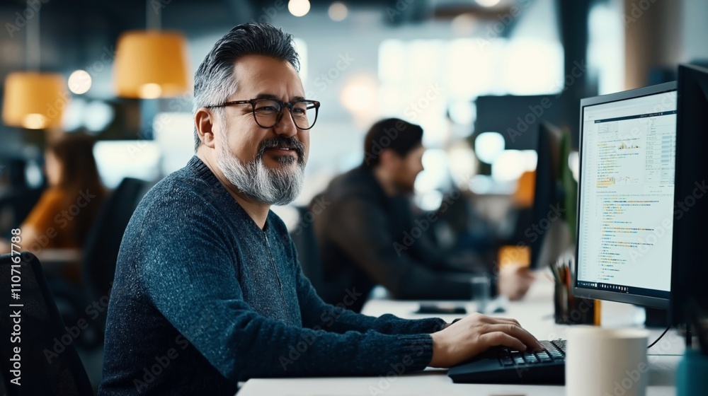Middle-aged man with gray beard working on a computer in modern office setting. Focused on coding on monitor; background shows blurred colleagues and office decor. Middle-aged man with gray beard working on a computer in modern office setting. Focused on coding on monitor; background shows blurred colleagues and office decor.