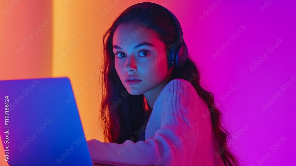 A young woman with headphones using a laptop against a colorful backdrop. A young woman with headphones using a laptop against a colorful backdrop.