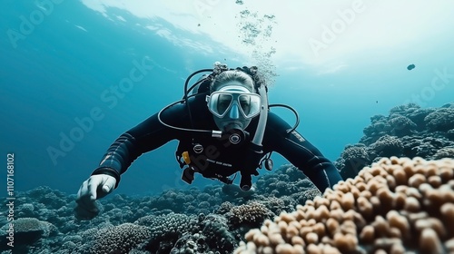 Wallpaper Mural Underwater diver exploring coral reef, wearing scuba gear and mask, surrounded by clear blue ocean and marine life. Torontodigital.ca