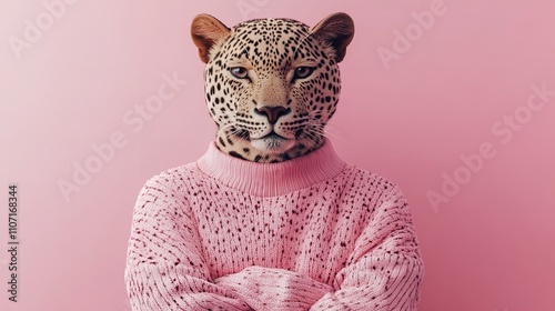 Leopard wearing a pink sweater, blending wild elegance with a fashionable and whimsical touch against a soft pink background. photo