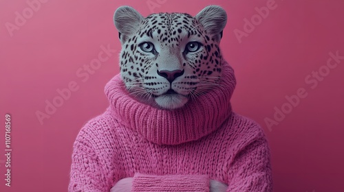 Leopard wearing a pink sweater, blending wild elegance with a fashionable and whimsical touch against a soft pink background. photo