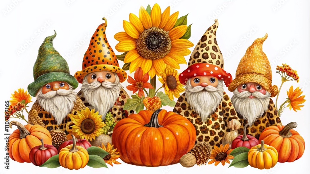 Surreal Thanksgiving Gnomes with Leopard Print and Holiday Symbols - Pumpkins, Sunflowers, and Acorns for Festive Apparel and Decor