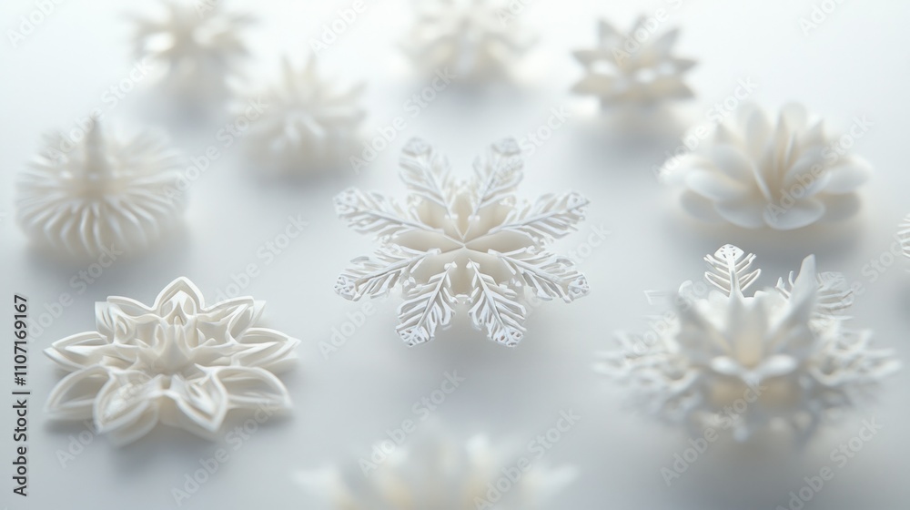 Layered 3D snowflake designs arranged elegantly on a white background, with soft, diffused lighting Layered 3D snowflake designs arranged elegantly on a white background, with soft, diffused lighting