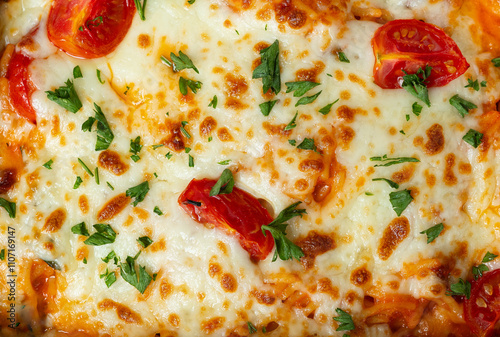 Closeup of baked takeaway pasta with melted cheese and tomato 