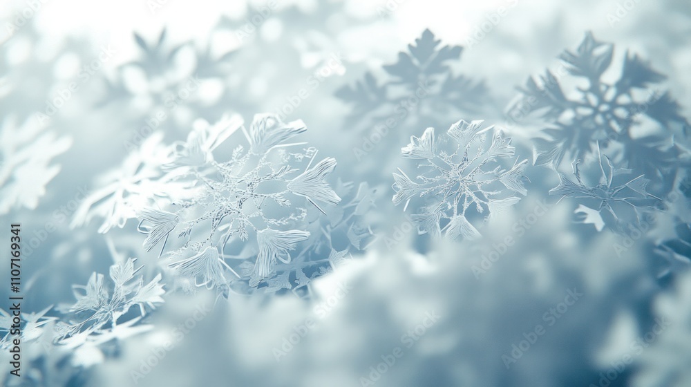 Layered 3D snowflakes overlapping gently on a seamless white background, with soft, atmospheric lighting Layered 3D snowflakes overlapping gently on a seamless white background, with soft, atmospheric lighting