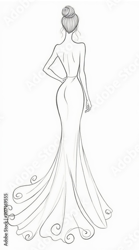 Elegant One-Line Drawing of Woman in Flowing Gown