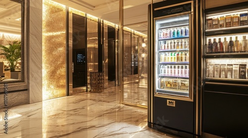 Luxury vending machine offering exclusive perfumes and cosmetics, placed in an elegant hotel lobby