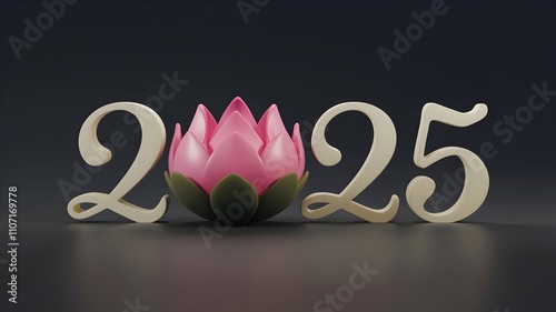 2025 with a pink lotus flower on a dark background, symbolizing peace and spirituality, ideal for cultural, nature, and New Year themes