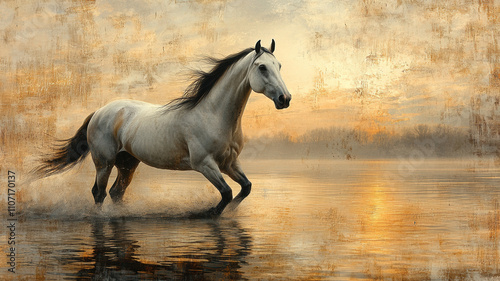 A graceful horse elegantly running across the water, surrounded by a foggy atmosphere, with a background painted in soft, warm tones using delicate brushstrokes.
