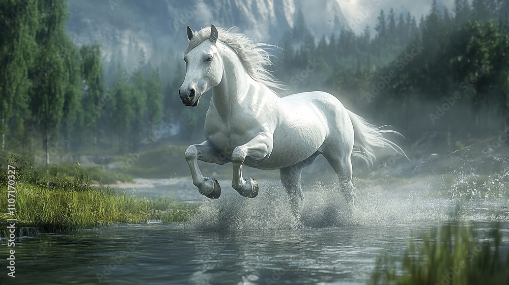 Majestic White Horse Galloping Through Ocean Waves - A stunning white horse gallops through ocean waves, embodying grace and power against a scenic coastal backdrop. Majestic White Horse Galloping Through Ocean Waves - A stunning white horse gallops through ocean waves, embodying grace and power against a scenic coastal backdrop.