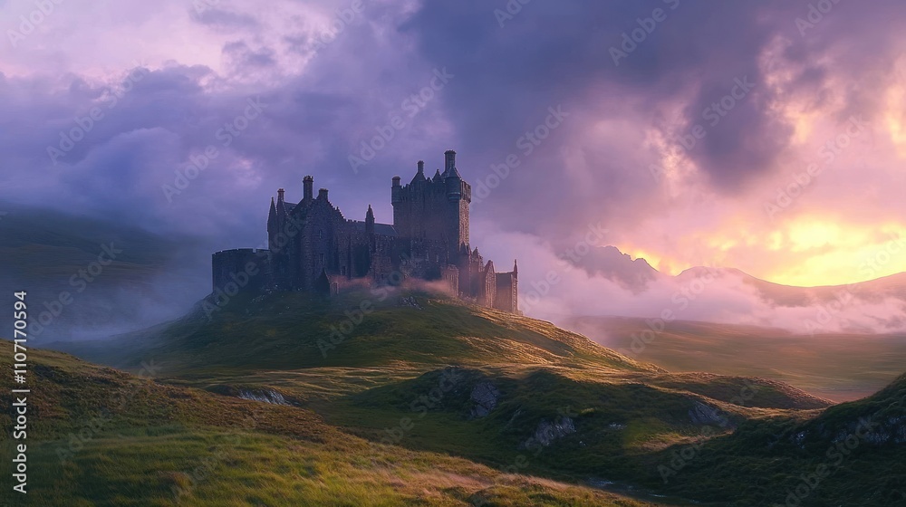 Obraz premium Majestic castle on a hill at sunset, shrouded in mist and dramatic clouds.