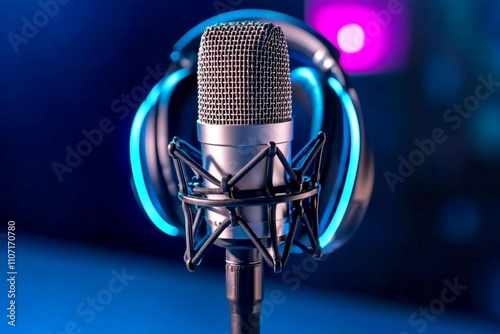 a photostock of a  A close-up of a microphone and headphones for podcasting or ASMR sounds on black stand in a neon led lighting, cyan and magenta, in a sound recording studio