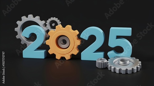 2025 New Year celebration with engineering mechanisms and gears, industrial business concept, ideal for corporate presentations and marketing materials.
