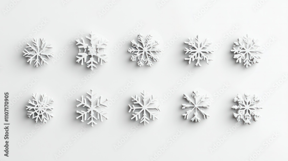 Minimalist winter-themed 3D snowflakes positioned asymmetrically on a clean white background Minimalist winter-themed 3D snowflakes positioned asymmetrically on a clean white background