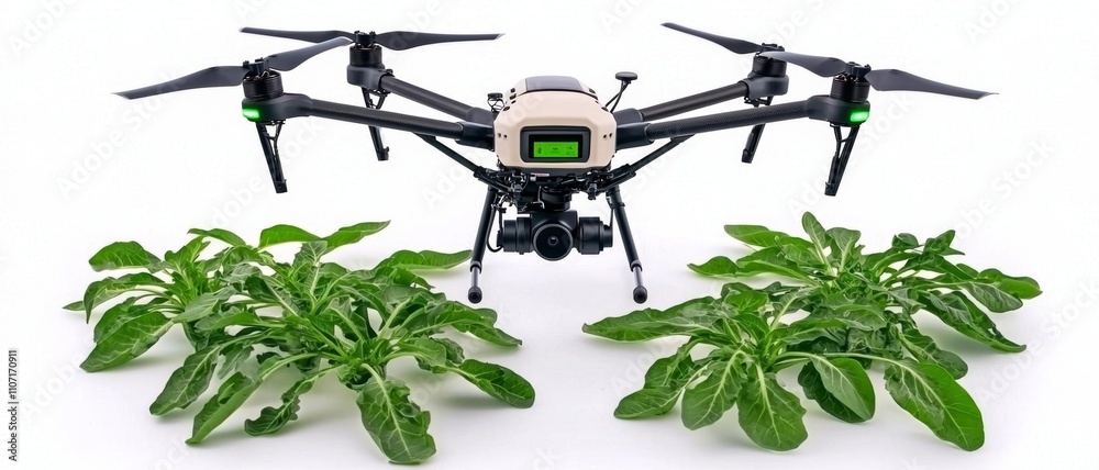 a photostock of a  applying fertiliser using a drone to green vegetable plants Farm automation and agriculture technology