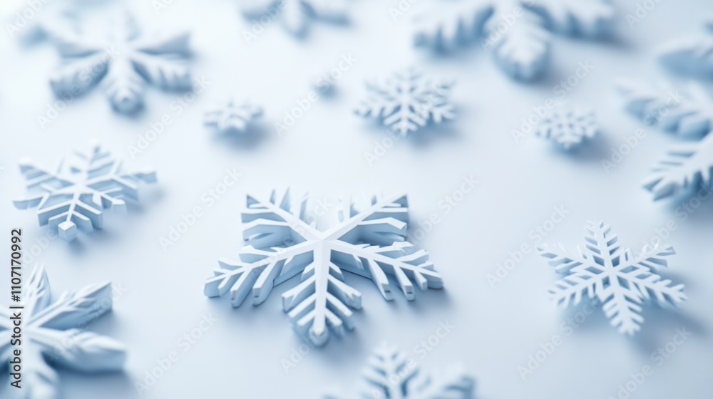 Modern 3D design of snowflakes scattered on a clean white background, emphasizing geometric beauty and precision Modern 3D design of snowflakes scattered on a clean white background, emphasizing geometric beauty and precision