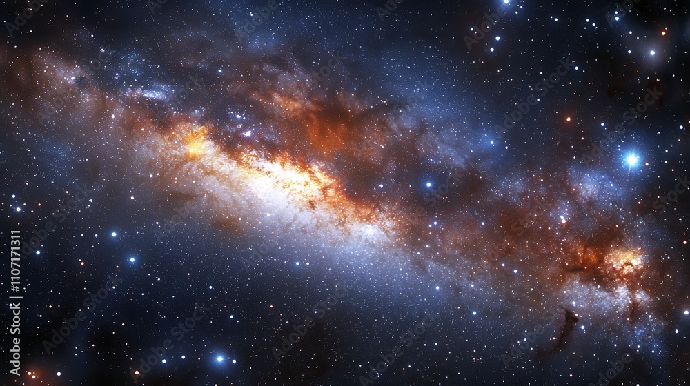 Vibrant nebula with orange, blue, and white hues, scattered stars across a dark background.