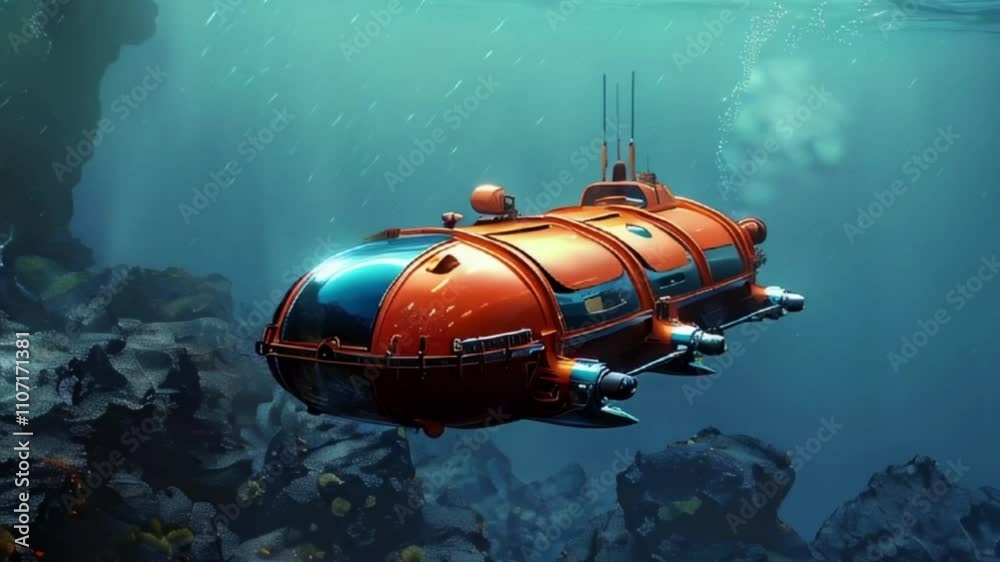 Beautiful large bathyscaphe floating in middle of ocean during exploration Beautiful large bathyscaphe floating in middle of ocean during exploration