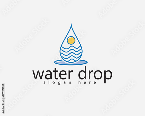 creative water droplets with waves in the middle complete with sun on top logo design photo