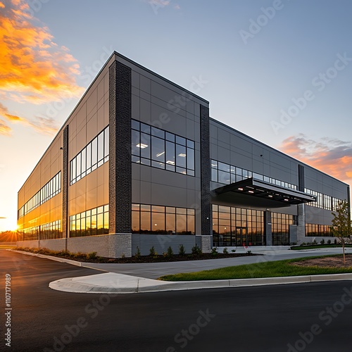 Large gray warehouse facility exterior at sunrise, emphasizing industrial design. - Image #2 @PrideWalaBrother