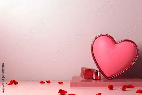 a photostock of a  Pink product podium placement on solid background with rose petals falling