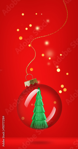 Christmas tree ornament with bokeh lights inside glass bauble on red background. Festive winter holiday backdrop with copy space. Design for greeting card, invitation, banner.
