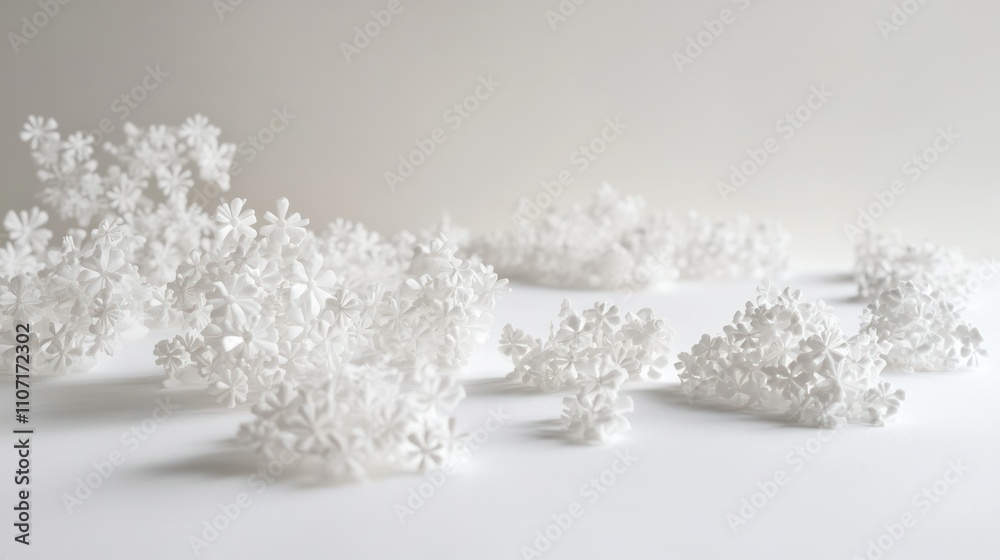 Playful arrangement of small and large 3D snowflakes scattered across a smooth white surface, creating a wintry aesthetic Playful arrangement of small and large 3D snowflakes scattered across a smooth white surface, creating a wintry aesthetic