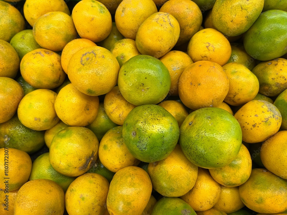 There is a vibrant assortment of yellow and green oranges arranged neatly on a table, showcasing various citrus fruits like Rangpur, Bitter orange, Calamondin, Mandarin orange, and Sweet lemon There is a vibrant assortment of yellow and green oranges arranged neatly on a table, showcasing various citrus fruits like Rangpur, Bitter orange, Calamondin, Mandarin orange, and Sweet lemon