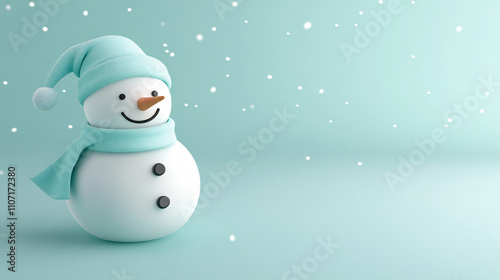cute snow man on on mint green background , Snow falling lightly, Generative ai