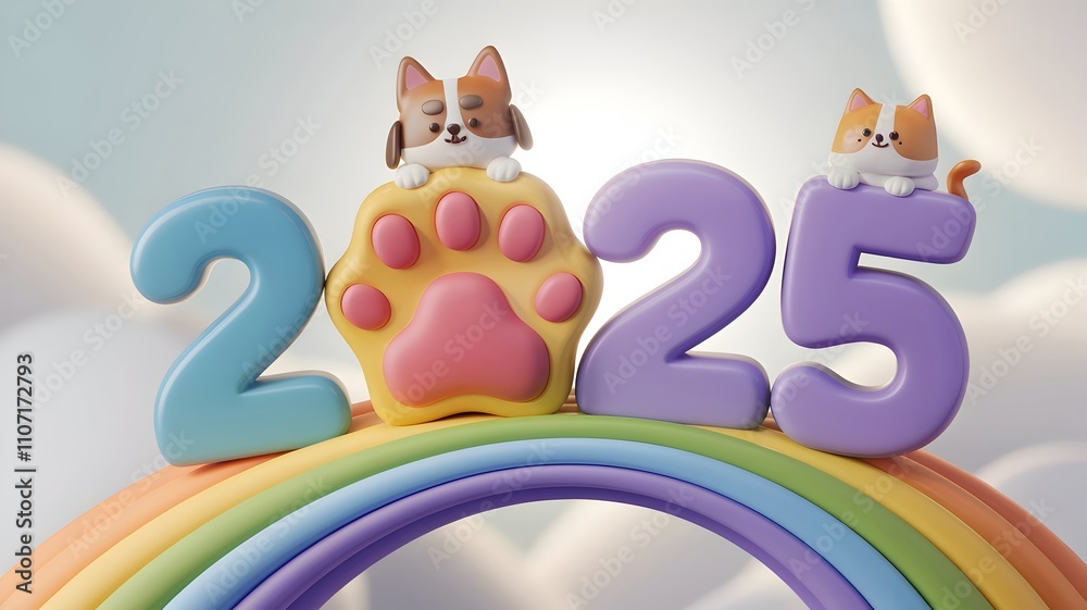 Naklejka premium 2025 New Year greeting card featuring pets and a paw print with colorful 2025 numbers on a rainbow background. Animals, pets, and New Year theme. Ideal for banners and pet-themed promotions. 